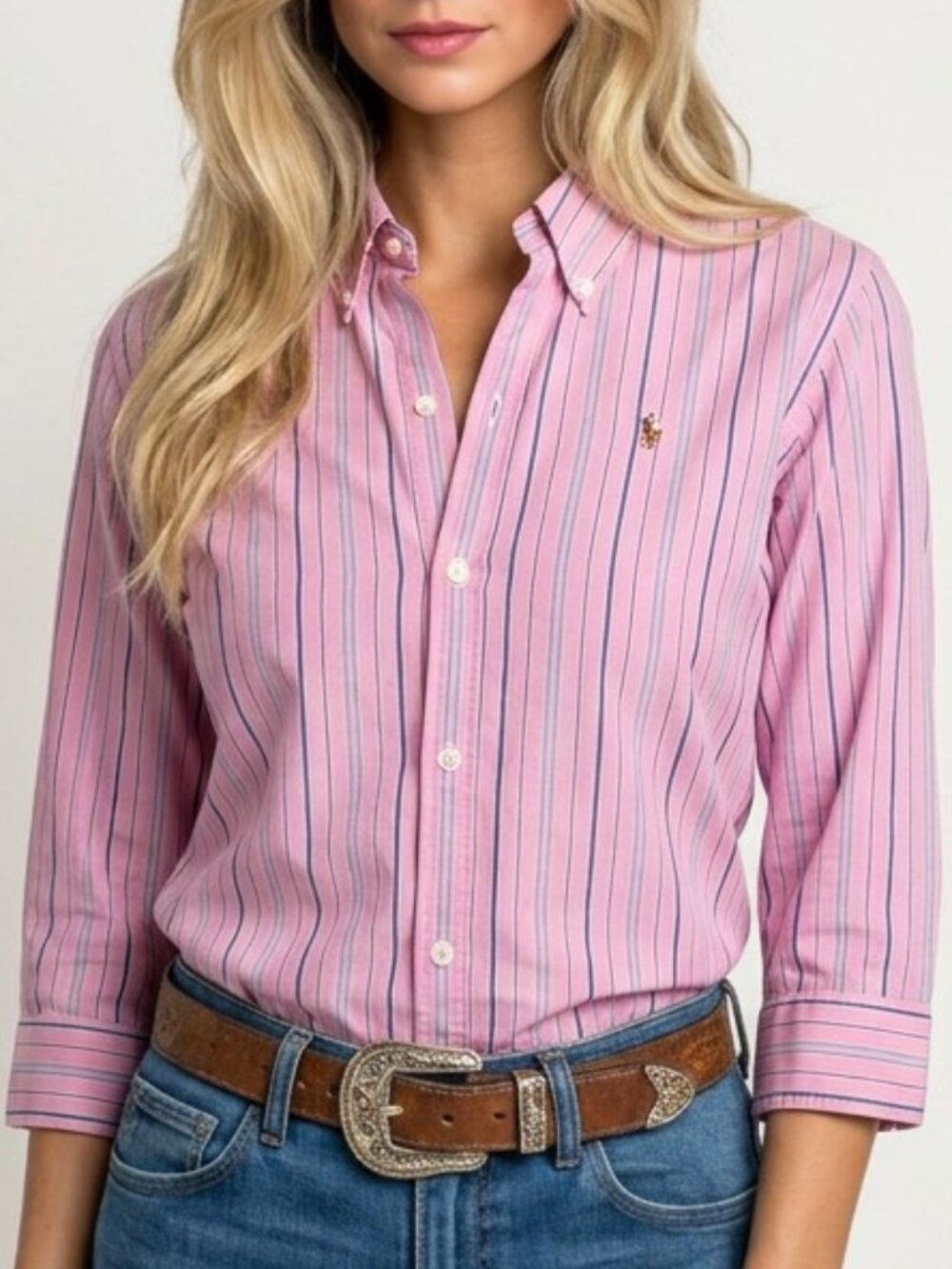 Ralph Lauren Sport Pink Cotton Button Down Shirt Womens Size 4 Long Sleeve Pony